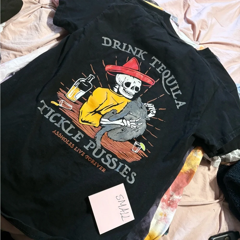 Black Short Sleeve Tee with Skeleton and Cat Graphic - Picture 3 of 4